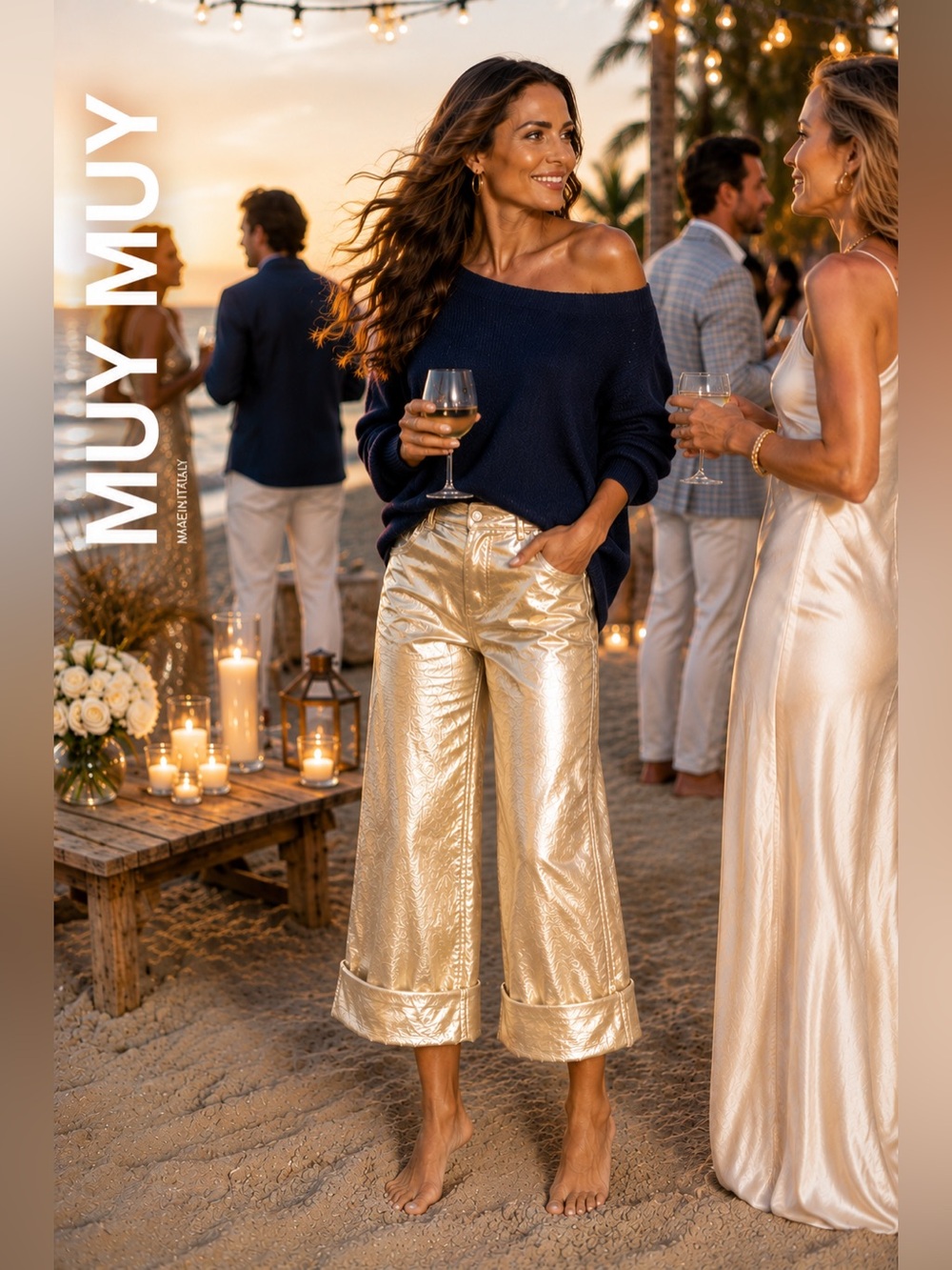 MUY MUY Fancy Collection Gold Metallic Foil Wide Leg Cropped Pants,Cuff, Size M
